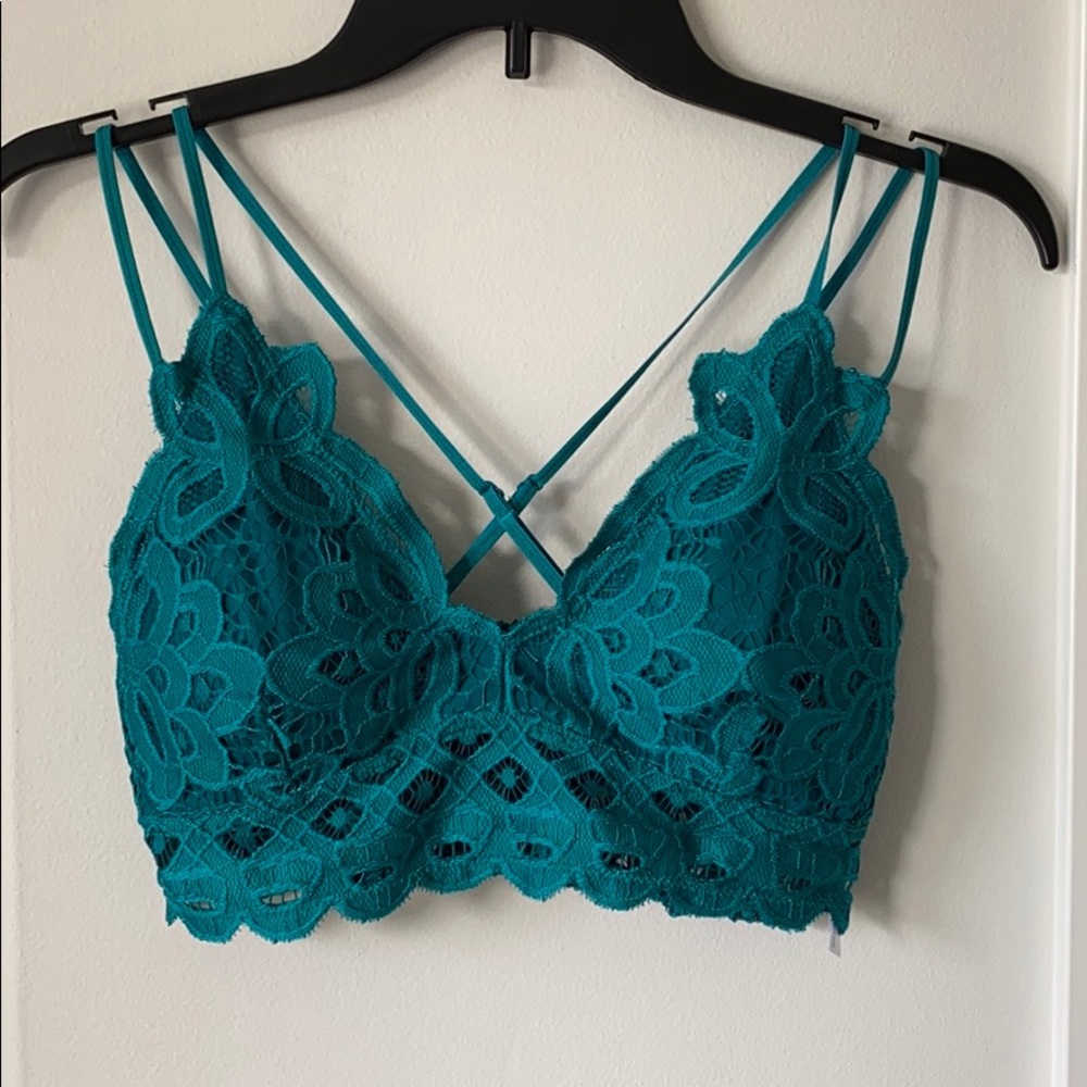 LACEY - Dark Teal V Neck Criss Cross Back Lace Bralette - Picture 6 of 7
